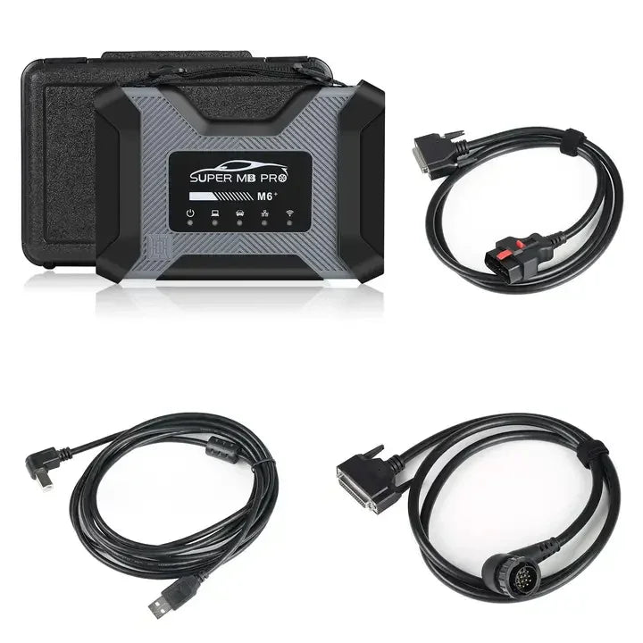 SUPER MB PRO M6+ 2023 para diagnóstico de caminhões Mercedes-Benz, ferramenta de diagnóstico sem fio com cabo OBD2 de 16 pinos + cabo USB + cabo de 14 pinos.