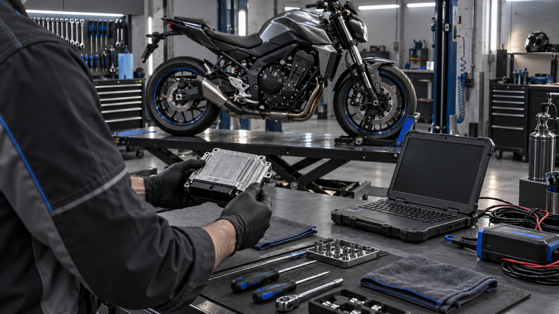 Conceptual motorcycle electronics workshop with an unbranded bike on a lift while a technician inspects a sealed control module; not a test photo or wiring reference