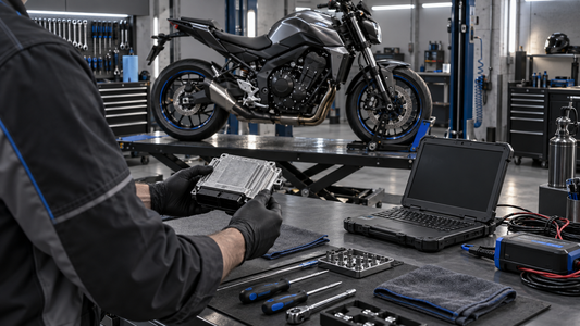 Conceptual motorcycle electronics workshop with an unbranded bike on a lift while a technician inspects a sealed control module; not a test photo or wiring reference