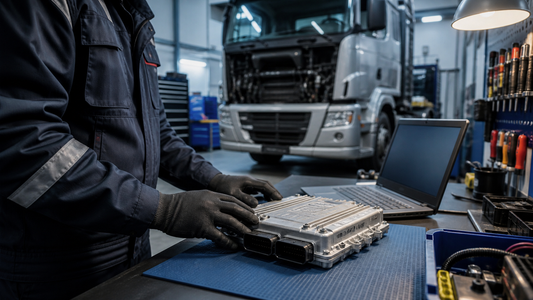 Conceptual illustration of a heavy-truck technician assessing a sealed generic ECU at a Bench workstation after the September 2026 protocol update; not a test photo or wiring reference