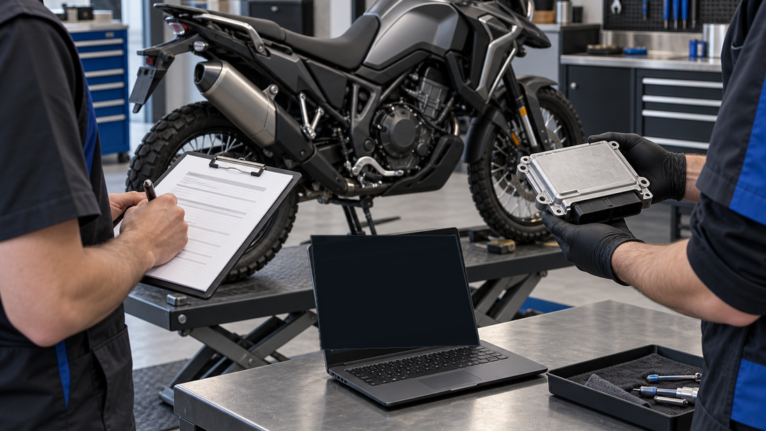 Conceptual motorcycle calibration workshop with an unbranded adventure bike, sealed control module and unlit laptop; not a test photo or wiring reference