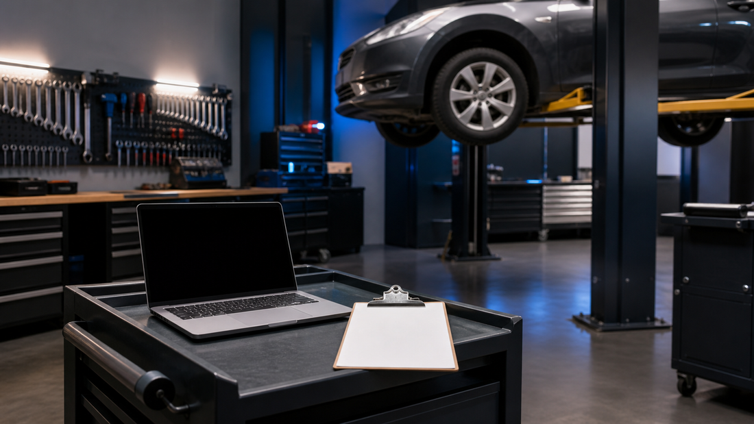 Conceptual illustration of a generic vehicle workshop with a blank diagnostic laptop and work-order clipboard, not a test photo or legal reference