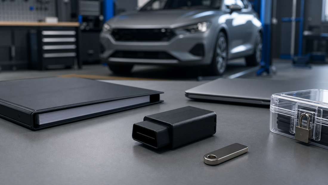Unbranded vehicle communication interface, blank regulatory binder and metal credential token prepared beside an independent workshop vehicle
