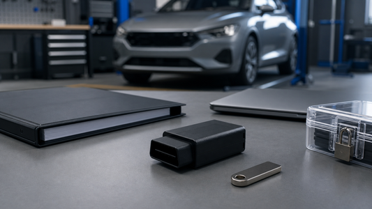 Unbranded vehicle communication interface, blank regulatory binder and metal credential token prepared beside an independent workshop vehicle