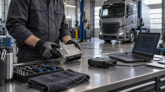 Conceptual heavy-truck workshop scene with a technician assessing a sealed generic control module beside an unbranded interface and unreadable laptop; not a test photo or wiring reference