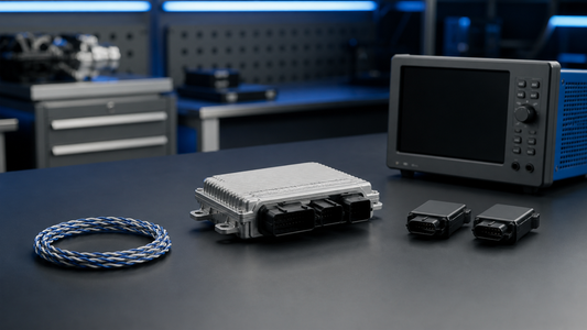 Sealed vehicle gateway, two disconnected transceiver modules, coiled twisted-pair cable and powered-off test instrument on a lab bench