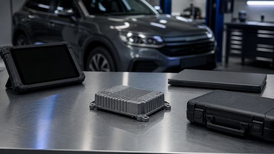 Sealed vehicle gateway, powered-off diagnostic tablet and closed interface case in a modern automotive electronics workshop