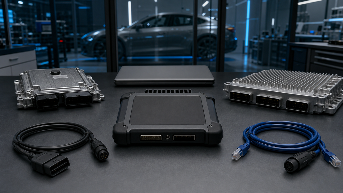 Unbranded diagnostic interface, blank laptop and several control units arranged in a modern automotive electronics laboratory with a vehicle behind glass
