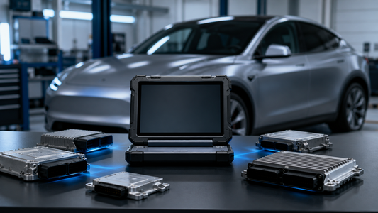 Powered-off diagnostic computer surrounded by sealed vehicle controllers in front of a modern electric vehicle