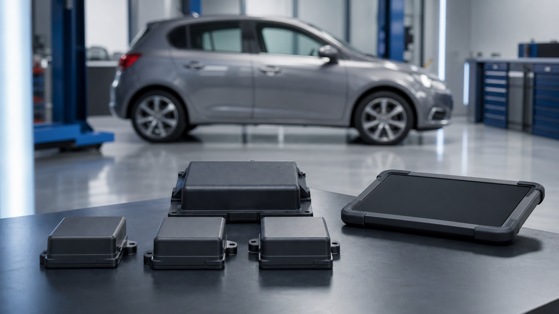 Sealed body-control module, three smaller responder modules and a powered-off diagnostic tablet in a modern workshop