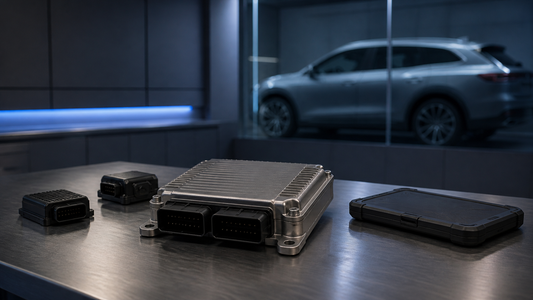 Sealed automotive controller and isolated test modules on a steel lab bench with a powered-off tablet and unbranded vehicle behind glass