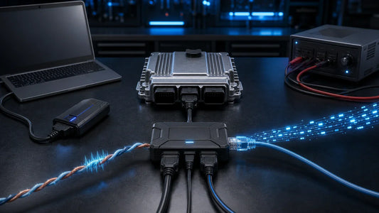 Three modern vehicle communication paths converging on an ECU workshop interface