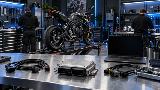 Conceptual motorcycle electronics workshop with an unbranded sport bike, sealed generic ECU and technicians preparing a Bench job; not a test photo or wiring reference