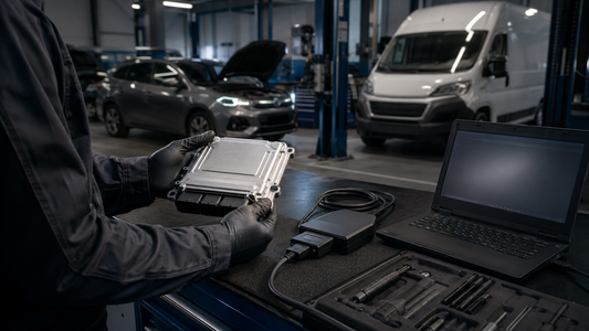 Conceptual workshop illustration with a technician holding a sealed generic control unit beside an unbranded programming interface and laptop; not a test photo or wiring reference