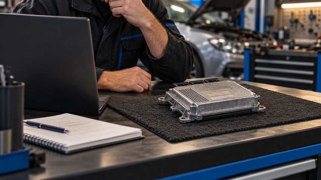 Technician examining a disconnected generic controller beside a laptop before checking the KT200 ECU list; conceptual illustration, not a test photo or wiring reference