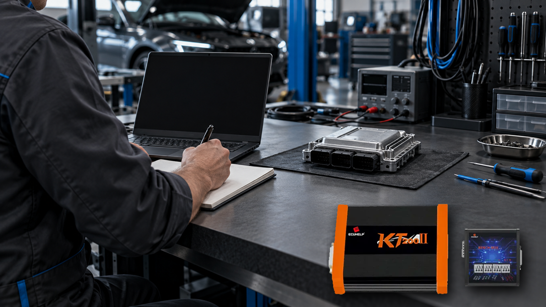 Conceptual workshop composite using the owner-provided KT200II main unit and Bench Box while a technician records a sealed ECU; not a test photo or wiring reference