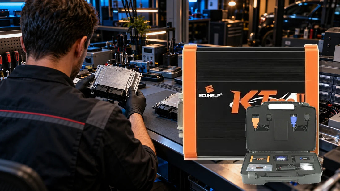 Conceptual illustration of a technician preparing a KT200II unit and carry case during an upgrade review; not a test photo or wiring reference