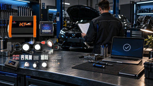 Owner-supplied KT200II main unit and accessories composited into a conceptual activation-preparation workshop scene; not a test photo or wiring reference.