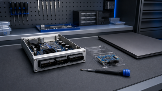 Opened unbranded ECU programming interface beside a replacement module, precision screwdriver and closed laptop on an ESD-safe bench