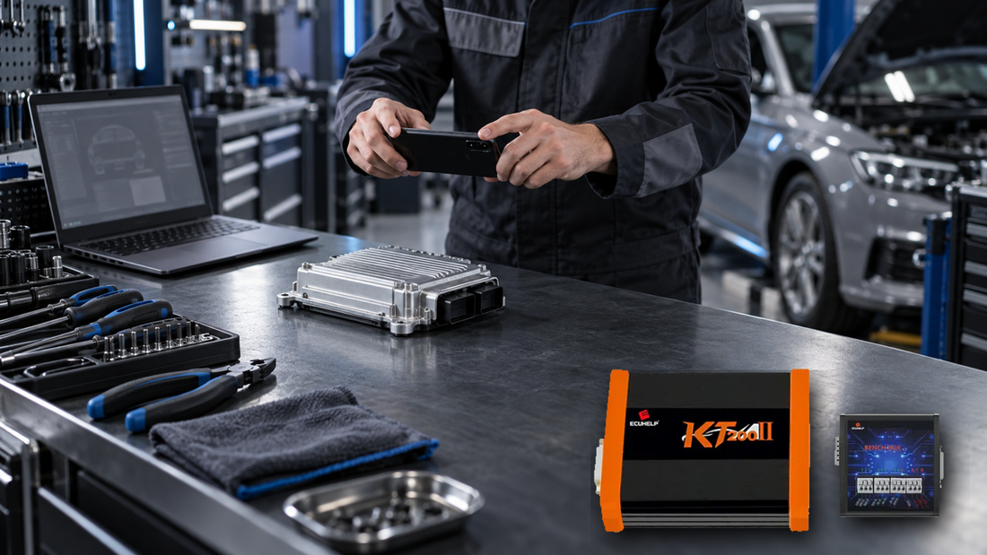 Conceptual workshop composite using the owner-supplied KT200II main unit and Bench Box while a technician documents a sealed control module; not a test photo or wiring reference
