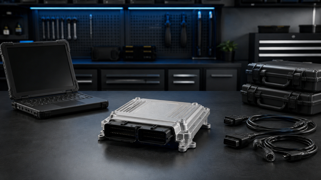 Sealed silver engine controller centered between a powered-off rugged computer, closed cases and disconnected diagnostic leads