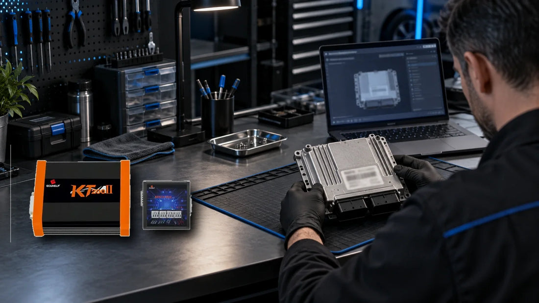 Owner-supplied KT200II main unit and Bench Box composited beside a generic ECU in a conceptual identification scene; not a test photo or wiring reference.