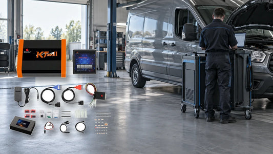 Owner-supplied KT200II kit composited beside a generic commercial van and technician in a conceptual workshop, not a test photo or wiring reference