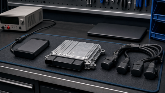 Sealed diesel ECU, unbranded programmer and capped multifunction harness arranged for a powered-down bench connection inspection