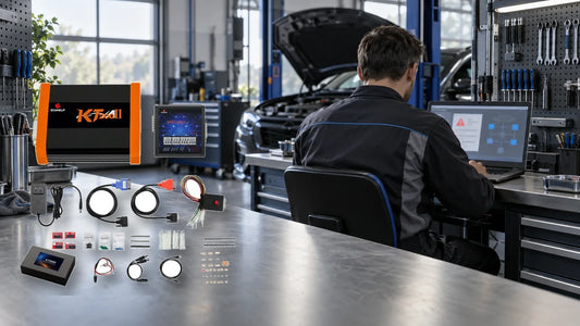 Owner-supplied KT200II kit composited into a conceptual workshop where a technician reviews a blurred software alert, not a test photo or wiring reference