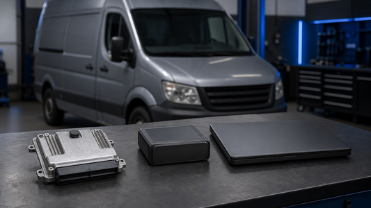 Sealed diesel control module, unbranded programmer and closed laptop prepared in front of a generic workshop van