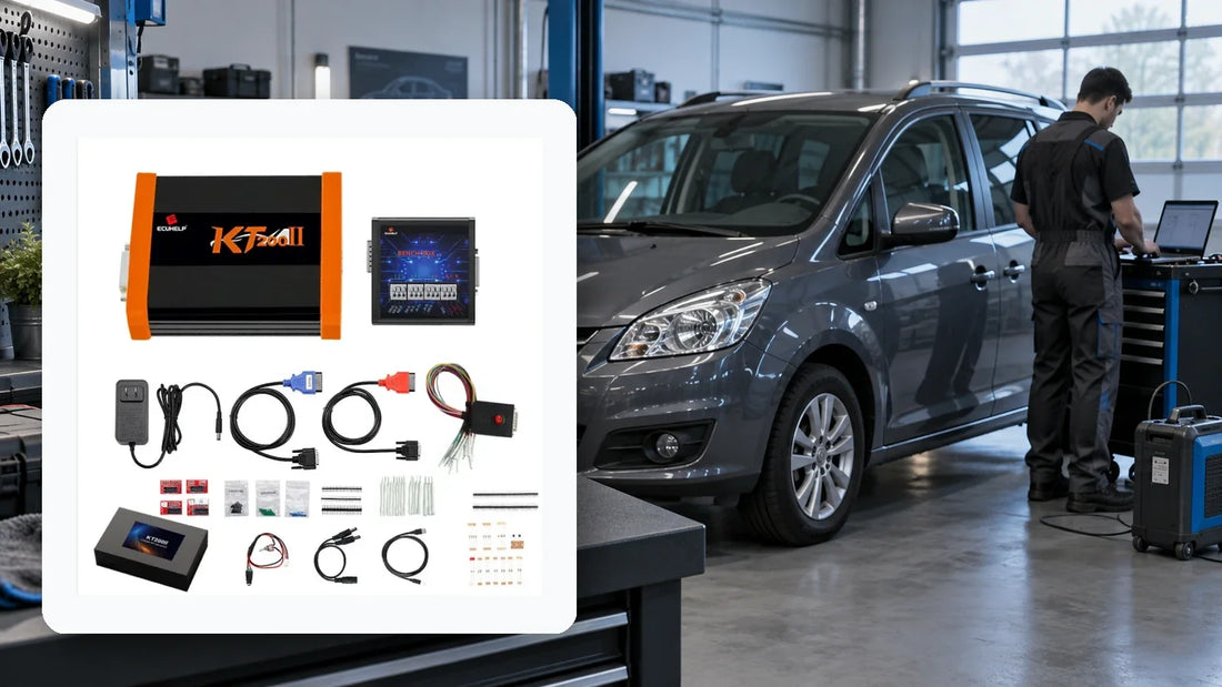 Owner-supplied KT200II full kit photograph beside a generic MPV in a conceptual workshop background, not a test photo or wiring reference