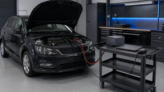 Generic hatchback prepared for OBD programming with battery support, closed laptop and interface secured on a rolling workshop cart