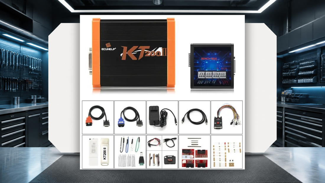 Composite conceptual illustration using an owner-provided KT200II programmer and accessories photograph for file-size troubleshooting context; not a test photo or wiring reference