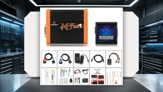 Composite conceptual illustration using an owner-provided KT200II programmer and accessories photograph for file-size troubleshooting context; not a test photo or wiring reference