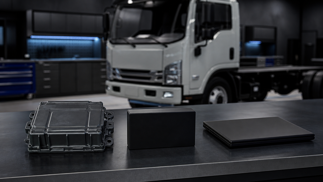 Large sealed diesel control module, featureless programming interface and closed laptop prepared in front of a cab-over truck