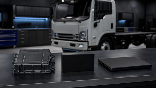 Large sealed diesel control module, featureless programming interface and closed laptop prepared in front of a cab-over truck