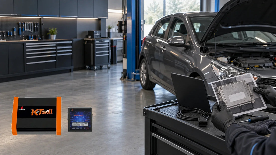 Owner-supplied KT200II main unit and Bench Box beside a generic compact hatchback workshop in a conceptual illustration, not a test photo or wiring reference