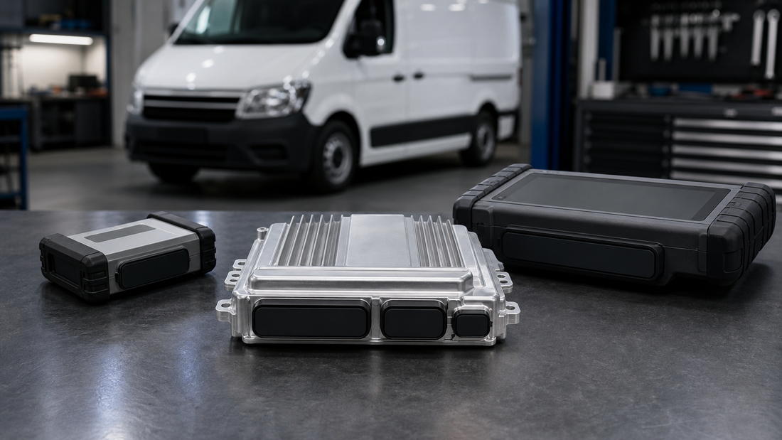 Sealed diesel ECU between two powered-off programmer generations with a generic commercial van in the workshop background