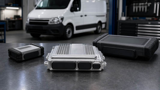 Sealed diesel ECU between two powered-off programmer generations with a generic commercial van in the workshop background
