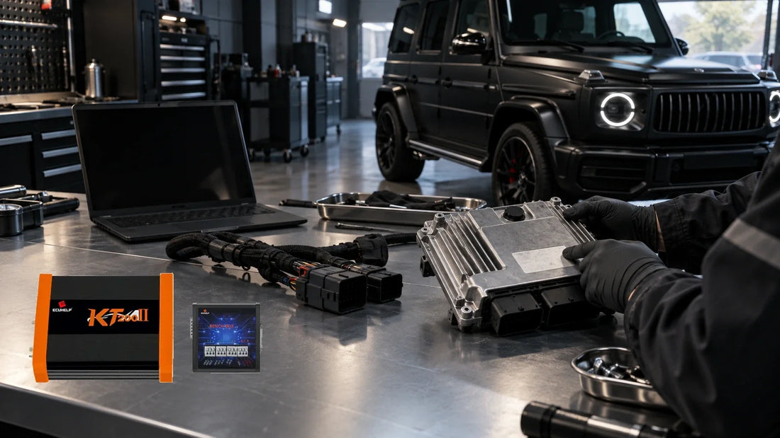 Owner-supplied KT200II main unit and Bench Box beside a generic luxury-SUV ECU workshop in a conceptual illustration, not a test photo or wiring reference