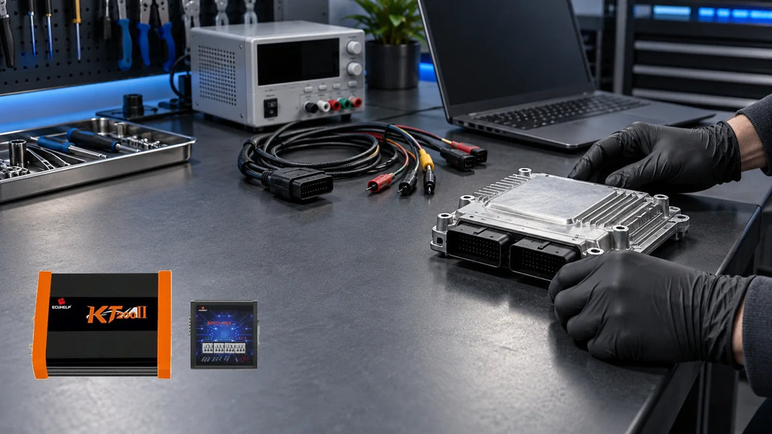 Owner-supplied KT200II main unit and Bench Box beside a generic disconnected ECU bench setup in a conceptual illustration, not a test photo or wiring reference