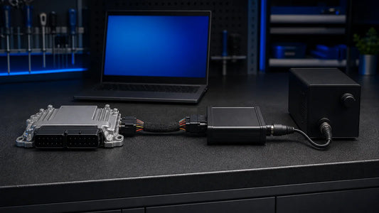 Professional ECU bench programming setup with regulated power and an unbranded interface