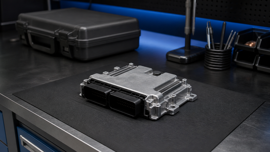 Sealed silver engine controller centered on an antistatic mat beside closed workshop storage and precision tools