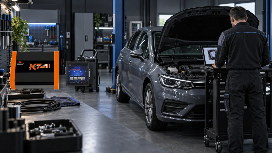 Owner-supplied KT200II main unit and Bench Box composited beside a generic hatchback and technician checking an ECU label in a conceptual illustration, not a test photo or wiring reference