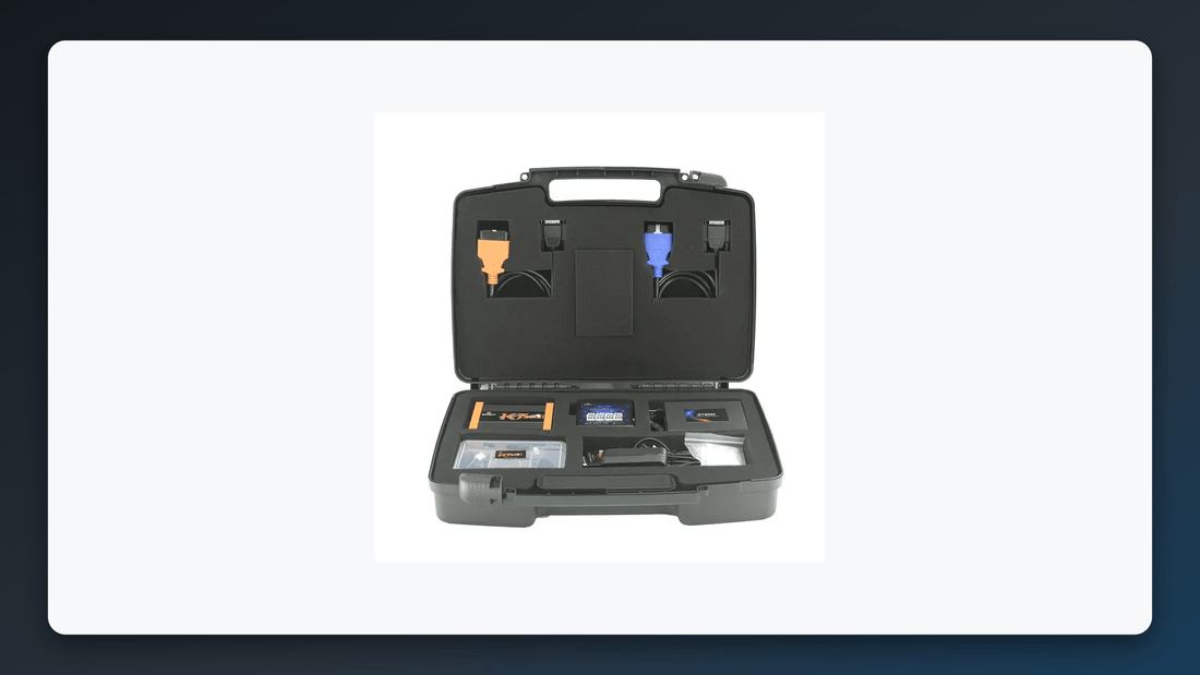 Owner-supplied product photograph of an open KT200II carrying case with the photographed hardware and accessories, preserved unchanged