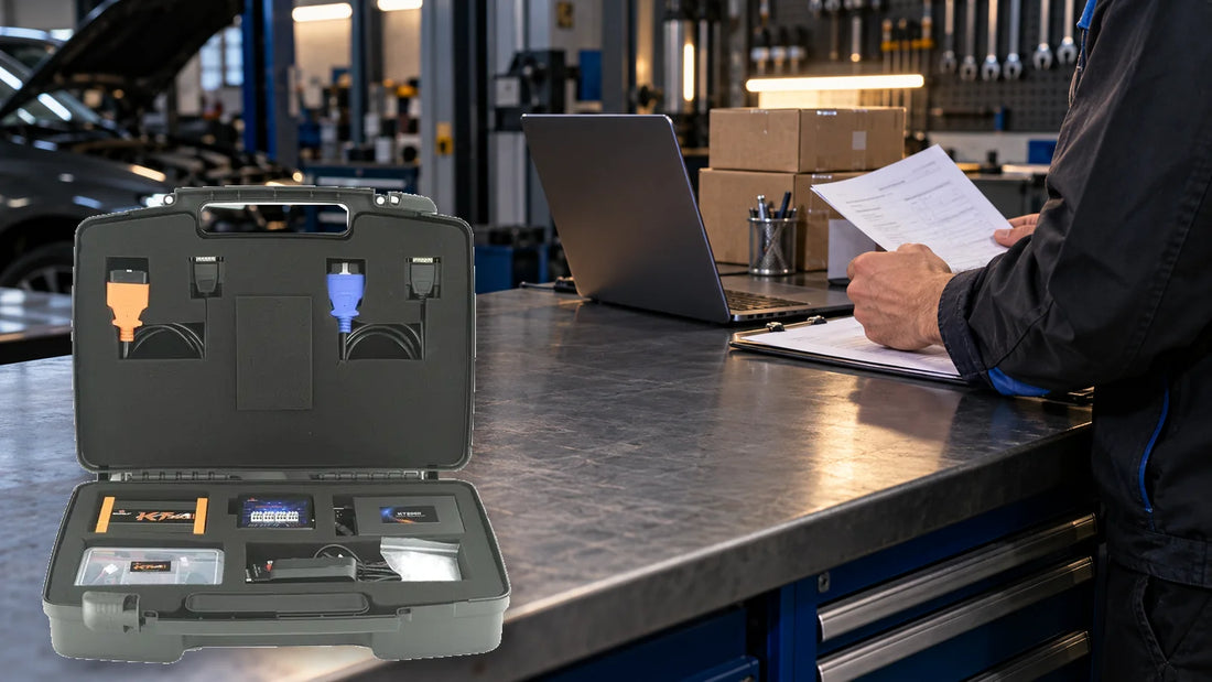 Real KT200II reference kit in its open carrying case beside a technician reviewing an order; conceptual illustration, not a test photo or wiring reference