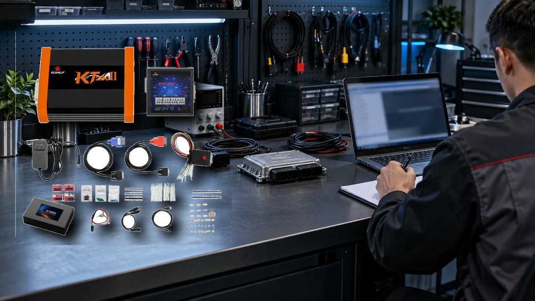 Owner-supplied KT200II hardware and accessories composited into a conceptual workshop diagnostic scene; not a test photo or wiring reference.