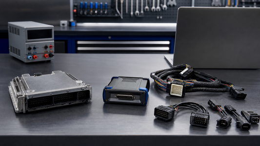 Unbranded ECU, programming interface, regulated power supply and disconnected harnesses arranged on a professional bench
