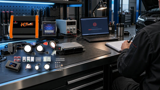 Owner-supplied KT200II hardware and accessories composited into a conceptual interrupted-job review scene; not a test photo or wiring reference.