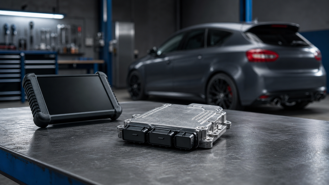 Sealed older-generation gasoline ECU beside a powered-off programmer with a generic sporty hatchback in the workshop